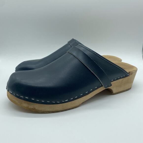 Kerstin Adolphson Handmade Women 10 Navy Blue Clogs Wooden Leather Made Sweden - Picture 3 of 9